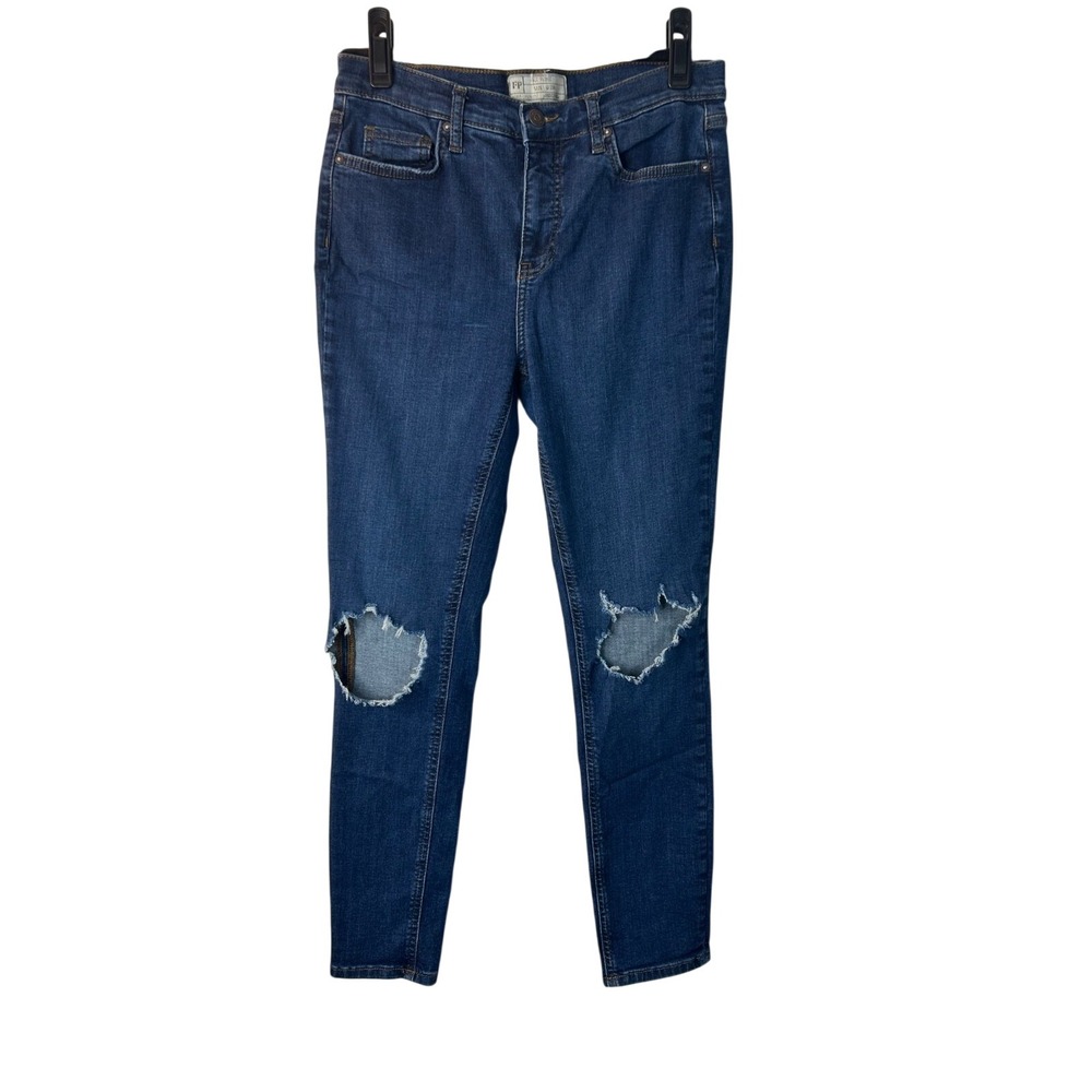 Free People High Rise Busted Knee Mid Stone Blue Skinny Jeans Size 29 Distressed